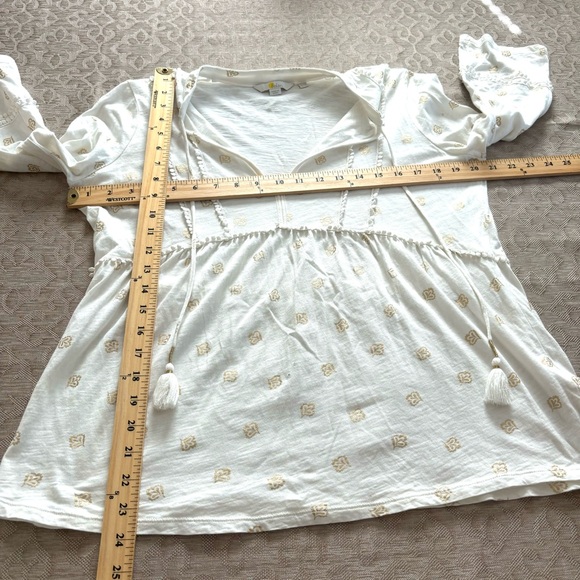 Boden Gemma top Ivory gold Petal foil tie neck slub tee Sz 10 R. NWOT - Picture 3 of 11